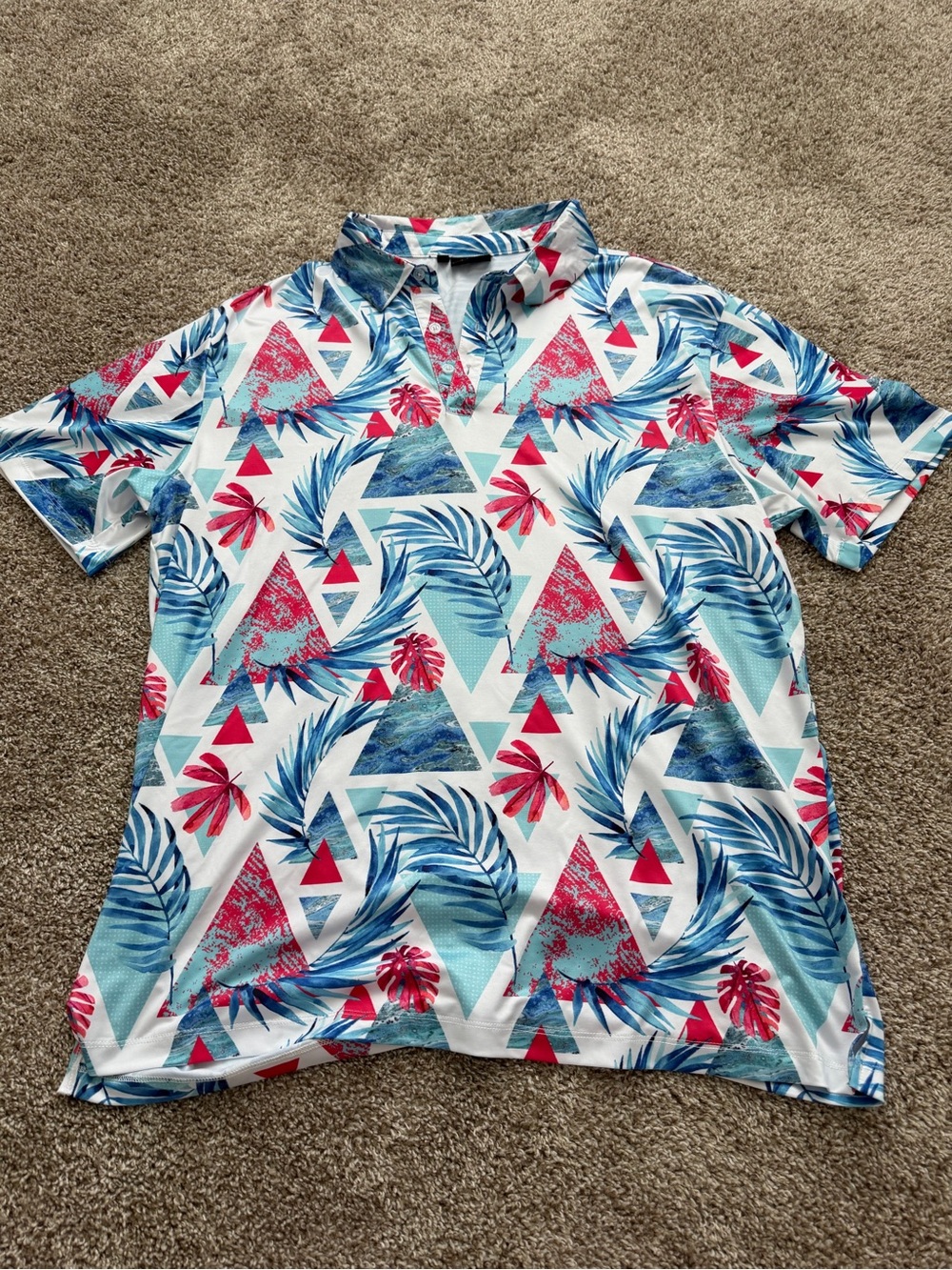 Men's Tropical Print Golf Polo Shirt - Blue & Pink